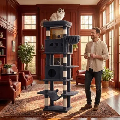 Image de Arbre à chat Krabpaal - Hauteur : 210 cm - Couleur : gris foncé - 4 plateformes en sisal - Avec des cachettes