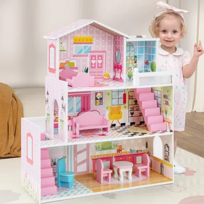 Produktbild von Puppenhaus Holz, 3-stöckiges & Großes Dollhouse mit 5 Zimmern & Möbeln, Zubehör & 2 Treppen & niedlichen Tapeten, Puppenvilla Puppenstube Holzspielzeug rosa Spielzeug für Kinder ab 3 Jahren