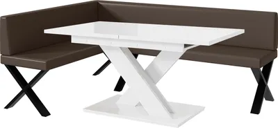 Produktbild von MEBLINI Eckbank für Esszimmer mit ausziehbarem Tisch  - Küchenbank - Essecke - Sitzecke Küche - TONI - X-Beine 142x196x87cm Links - Braun Kunstleder/B Weiß Hochgl.
