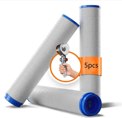A group of water filter cartridges with a hand holding a shower head attachment.