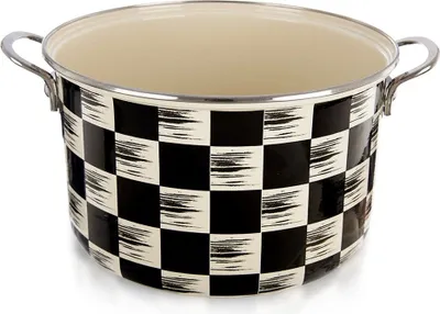 A black and white checkered pot with handles, shown from a slightly elevated front-side angle on a white background.