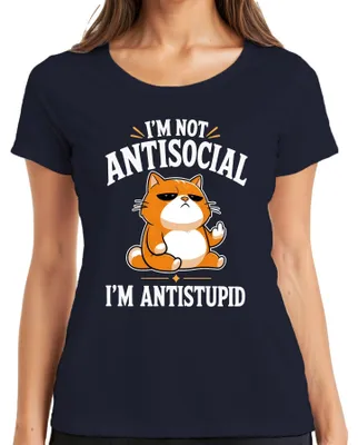 Produktbild von I'M NOT ANTISOCIAL I'M ANTISTUPID Katze Statement Sarkasmus Ironie Damen T-Shirt, Navy, L