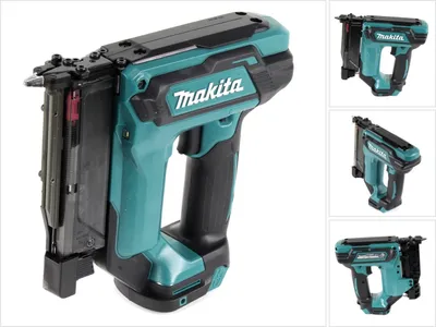 A cordless nail gun is shown from the side.