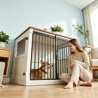 Produktbild von 121cm Hundekäfig Möbel, Hundebox für Zuhause mit 3 Türen | Hundebox Holz, Schiebetüren, für Kleine, Mittlere, Große Hunde, Robuster, Beistelltisch