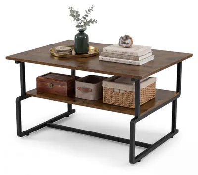 Produktbild von KOMFOTTEU Couchtisch rechteckig, 2-stufiger Wohnzimmertisch mit Holzoptik & Metallrahmen, Kaffeetisch mit Stauraum, Sofatisch, Beistelltisch für Büro & Wohnzimmer, 85 x 60 x 47 cm, Schwarz