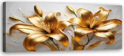 Produktbild von Leinwandbild Glamour Goldene Lilien Gemalte Blumen 120x40 Feeby Gold bild für die wand bereit zum aufhängen