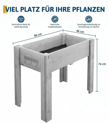 Produktbild von Hochbeet - Pflanzkasten - 86 × 46 × 76 cm - Pflanzfolie - Ablauflöcher - Seitenhaken - Für Blumen und Kräuter - Hellgrau