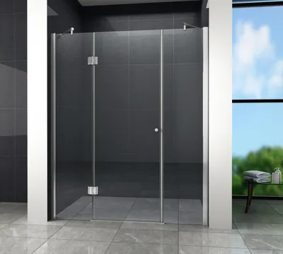A modern bathroom with a glass shower enclosure.