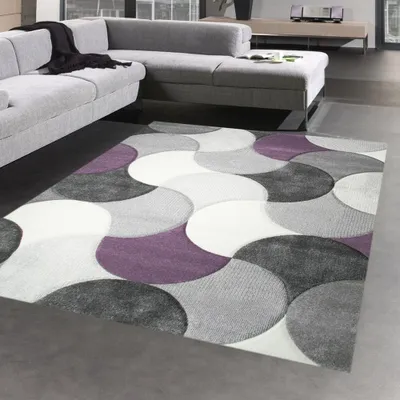 Imagen del producto de Alfombra de diseño con estampado de gotas, en tonos lila, gris y beige. Tamaño: 80 x 300 cm