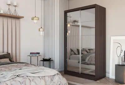 Obrázek produktu pro Moderní Šatní Skříň s Posuvnými Dveřmi se Zrcadlem 120 150 180 200 cm - Wenge Skříň do Ložnice s Posuvnými Dveřmi - Tyč na Šaty - 150 cm - Wenge
