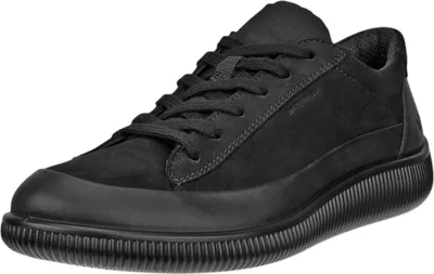 A black Ecco sneaker is shown from a side angle against a white background.