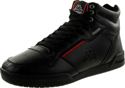 A black Kappa high-top sneaker with red accents.
