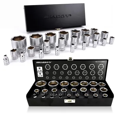 Produktbild von HASKYY 24-tlg Stecknuss-Set Zoll 1/4″ & 1/2″ Antrieb – 5/32″–1 1/4″