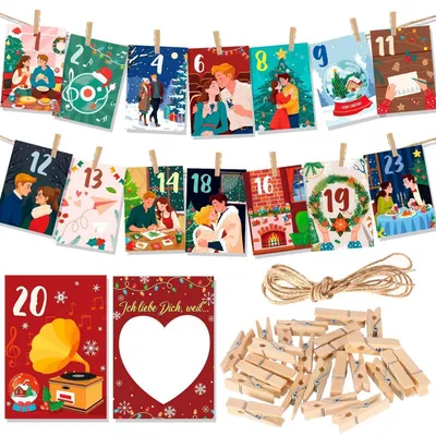 Produktbild von Adventskalender für Paare 2026 mit 24 Karten "Ich liebe dich weil", Holzklammern & Schnur