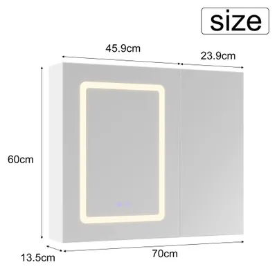 Zdjęcie produktu dla Lustro łazienkowe – wisząca szafka z lustrem i oświetleniem LED – 3-kolorowe oświetlenie – powłoka przeciwmgielna – regulowane półki – 70 x 60 cm