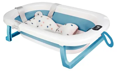 Produktbild von Faltbare Babybadewanne mit Thermometer und rutschfestem Badekissen – Ergonomisch, platzsparend und sicher – Für Neugeborene bis 3 Jahre, Babybadewanne Blau