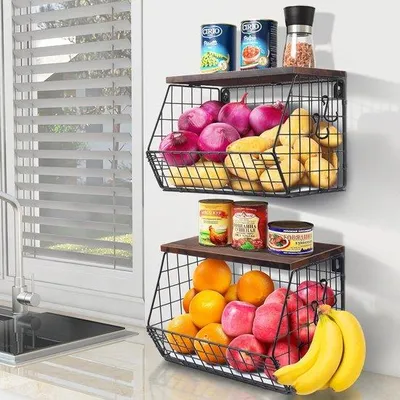 Produktbild von Hängende Obstschale 2 Ebenen Obstschale, Obstschüssel Hängende Schale Küche, 2 Stück Küchenorganizer mit Holzdeckel Drahtschale Stapelbar & Wandbefestigung für das Aufbewahren von Gemüse, Obst und Snacks