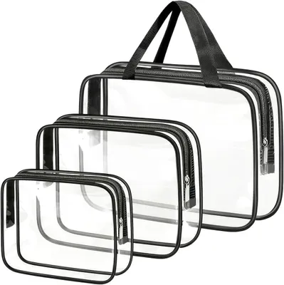 Image de Ensemble de sacs de toilette en PVC transparent, avec fermeture éclair, comprenant 3 tailles (S, M, L), idéal pour les voyages