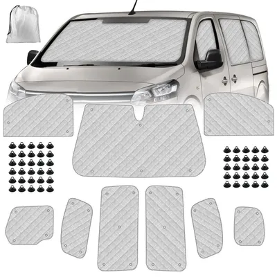 Immagine prodotto di Kit di protezione solare da 9 pezzi per Citroen Jumpy (lunghezza aumentata), Opel Vivaro e Fiat Scudo | Protezione per parabrezza, finestrini laterali e lunotto | Protezione per tutto l'anno