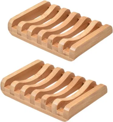 Image de Lot de 2 - Porte-savon en bambou évidé avec orifice de drainage - Porte-savon pour la salle de bain - 11,5 × 8 × 2,2 cm - Couleur bois
