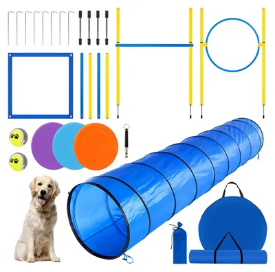 Produktbild von Agility Set für große Hunde, Hunde Parcours Reaktionstraining mit 300 cm Hundetunnel, Agility Hürden, Slalomstangen und Springring