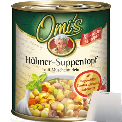 Produktbild von Omi´s Hühner-Suppentopf mit Muschelnudeln (800g Dose) + usy Block