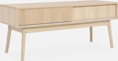 A light wood-colored TV cabinet with two sliding doors, one with a ribbed texture, is shown against a white background.