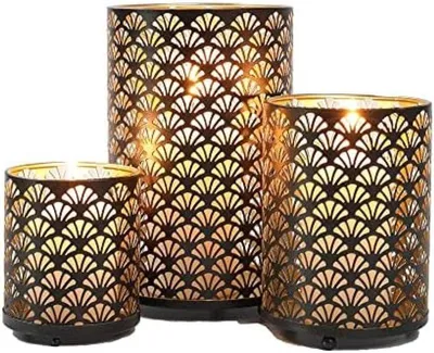 Produktbild von PolkaHome® Set von 3 Metall-Kerzenhaltern – Vintage-Design, 12x12x21 cm, Gold/Braun