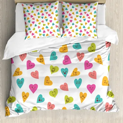Zdjęcie produktu dla ABAKUHAUS Zestaw poszewek na kołdrę z motywem serc, wiele kolorowych ikon serc z uśmiechniętymi buźkami i zabawnymi minami, 155 x 220 cm + 80 x 80 cm, wielokolorowy