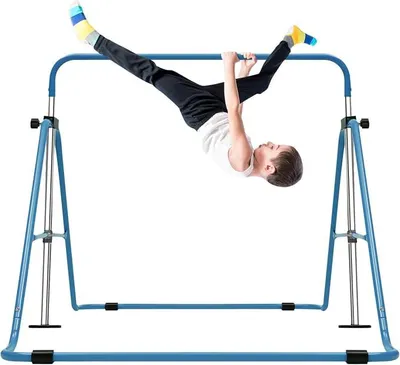 Produktbild von Gymnastikstange Kinder 89-131cm, Reckstange Indoor 150kg Tragkraft, Klappbar, 5 Höhen, Turnstange für Garten & Indoor, Blau