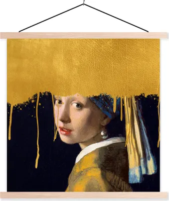 Produktbild von MuchoWow® Textilposter Mädchen mit einem Perlenohrring - Gold - Vermeer 40x40 cm mit holzfarbenen Rahmen - Posterleiste