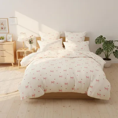 Immagine prodotto di Set di lenzuola 135x200 cm, 4 pezzi, per bambine, beige e rosa, con decorazioni a fiocchi e cuori, in microfibra