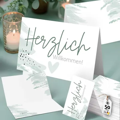Produktbild von 50 Tischkarten Herzlich Willkommen, Art Mood Mint Green, modern Hochzeit Geburtstag