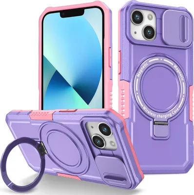 Produktbild von Handyhülle für iPhone 13 Kompatibel mit MagSafe, Robuste Hülle mit Schiebe Kamera Schutz, Magnetischer Ringständer Lila