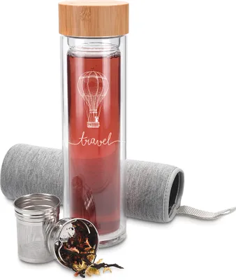 Produktbild von Navaris Teeflasche aus Glas mit Sieb - 450ml Tee Flasche Teekanne to go - Trinkflasche Travel - doppelwandig aus Borosilikatglas mit Hülle