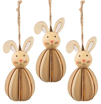 Produktbild von 3 Osterhasen Holz Anhänger 10 cm Natur Osterdekoration Holzanhänger Hase braun