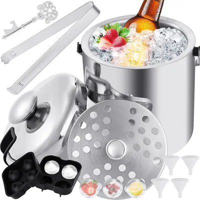 Produktbild von Eiskübel aus Edelstahl, 1,3L mit Zange und Deckel, doppelstöckiger Eisbehälter, Sekt- und Weinkühler mit Flaschenöffner und Eiswürfelformen