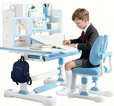 Imagen del producto de Conjunto de escritorio infantil, escritorio ajustable en altura para niños con silla, superficie de escritorio inclinable hasta 50 grados, estantería y cajón, ideal para dormitorios y estudios (Azul A)