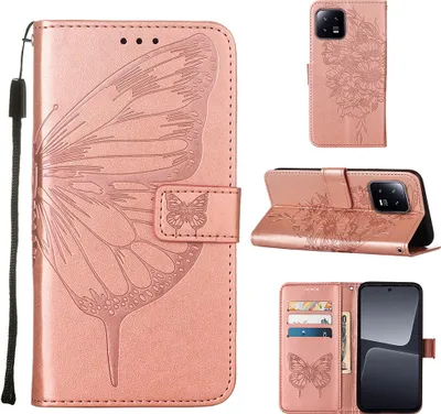 Produktbild von Lederhülle für Xiaomi 13 Schmetterling Prägung Flip Ledertasche Kartenfächer Handyhülle mit Ständer Pink