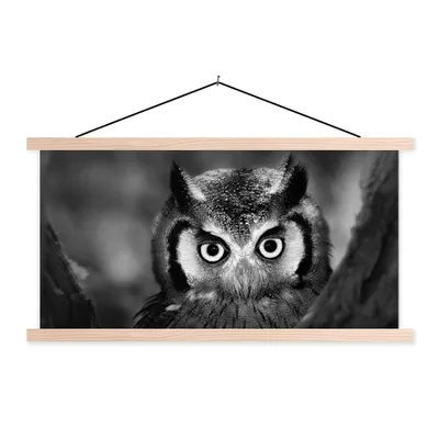 Produktbild von MuchoWow® Textilposter Vogel - Eule - Porträt - Schwarz - Weiß 60x30 cm mit holzfarbenen Rahmen - Dekoration