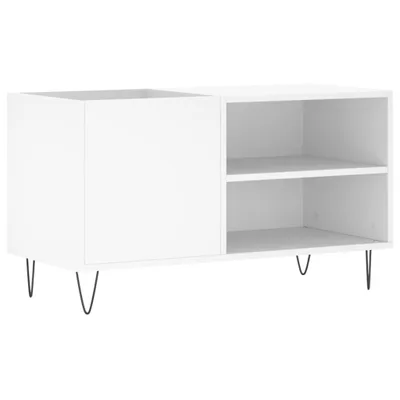 A white cabinet with two open shelves and a closed compartment, supported by thin black legs.