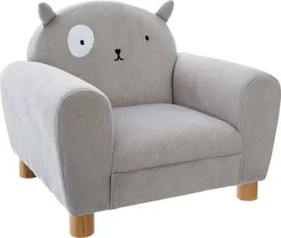 A child's armchair designed to look like a cat, with gray corduroy fabric and wooden legs.