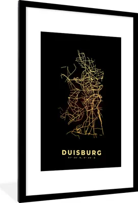 Produktbild von MuchoWow® Gerahmtes Poster Duisburg - Karte - Gold - Stadtplan 60x90 cm - Poster mit Schwarzem Bilderrahmen Wandposter Rahmen Foto Bilder - Dekoration - Wandposter Wohnzimmer - Hochwertig