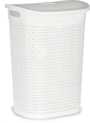 A white laundry basket with a lid.