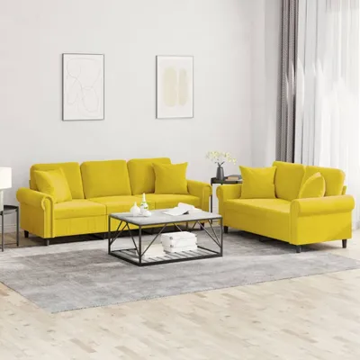 Produktbild von Design 2-tlg. Sofagarnitur mit Kissen Gelb Samt, Schlafsofas 2024 Neu