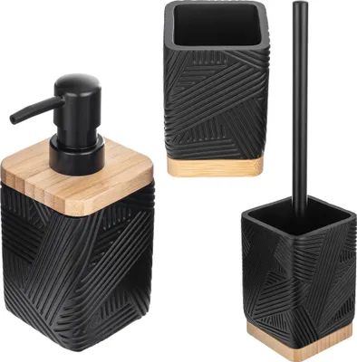 Image de Ensemble de salle de bain - 3 pièces - Distributeur de savon - Gobelet pour brosse à dents - Brosse WC