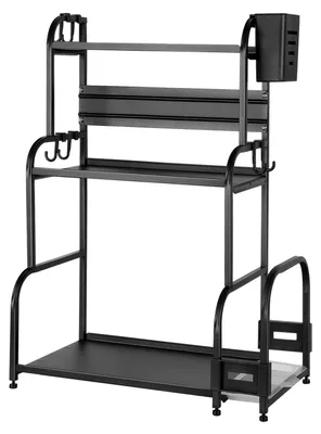 Image de Étagère de cuisine pour plan de travail - Organiseur à 3 niveaux - Avec support pour planche à découper - Avec porte-couverts - Étagère à épices - Acier - 38 cm - Noir