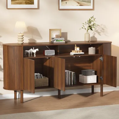 Produktbild von STILVORA Sideboard mit 3 Wellentüren und offenem Ablagefach, Kommode mit Massivholzbeinen, Wohnzimmerschrank aus Spanplatte für Wohnzimmer und Flur