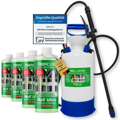 Produktbild von ABACUS® Nell Ultra Grünbelagentferner & Algenentferner Konzentrat Entfernt Grünbelag & Algen selbsttätig - 4x 1000ml mit Sprühgerät