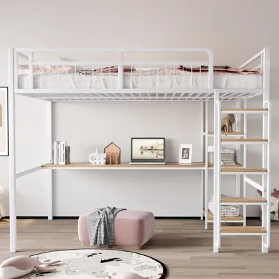 Produktbild von okwish Hochbett,Kinderbett Jugendbett Metallbett Einzelbett 140*200 cm,Sicherheitsleiter mit Treppenstufen,mit Tisch und Regalen, Metallgitter-Sicherheitszaun,Weiß  Ohne Matratze